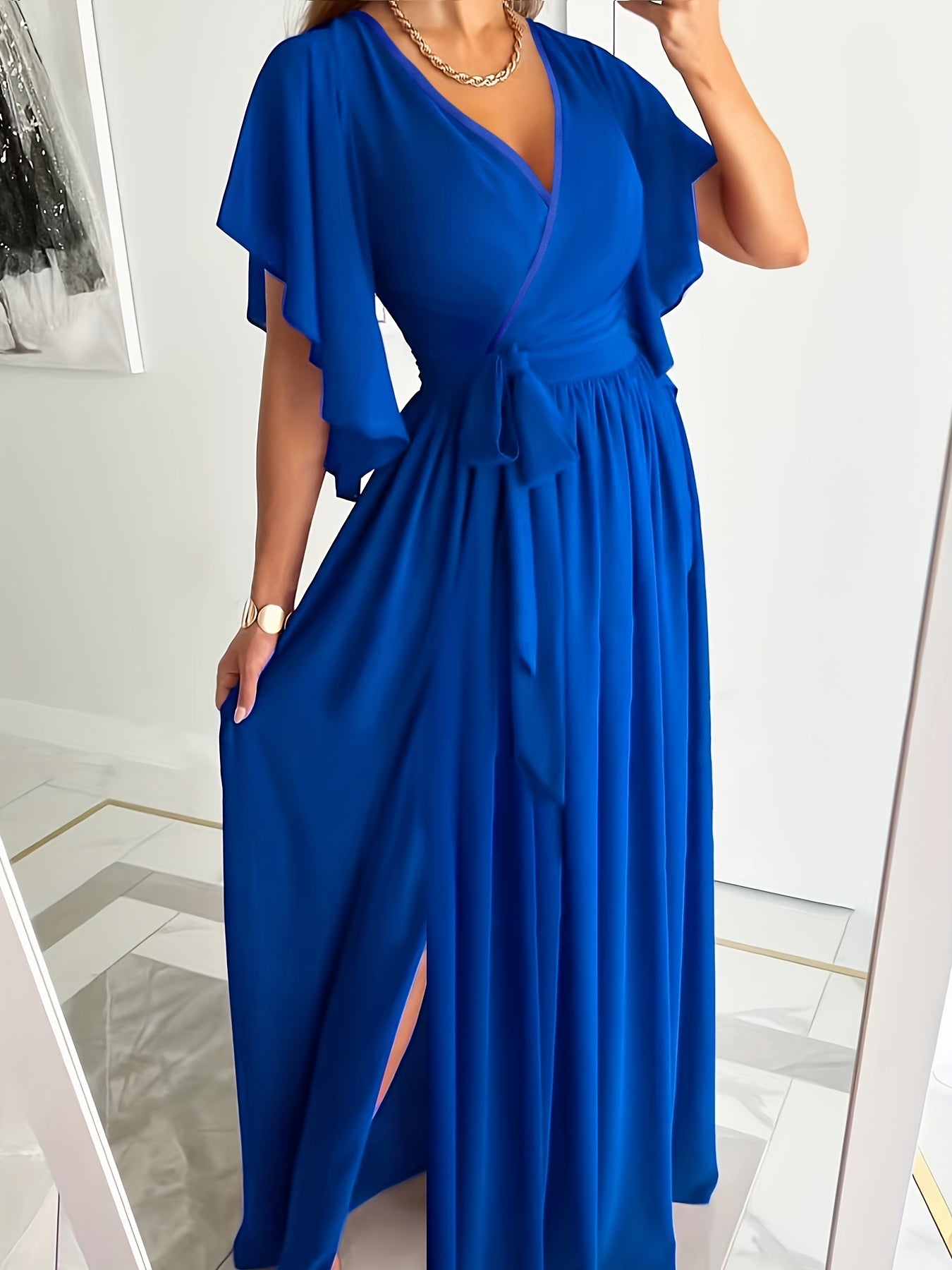 Elegant Plus Size Maxi Dress with Ruffle Sleeves and High Split Hem - Perfect for Special Occasions