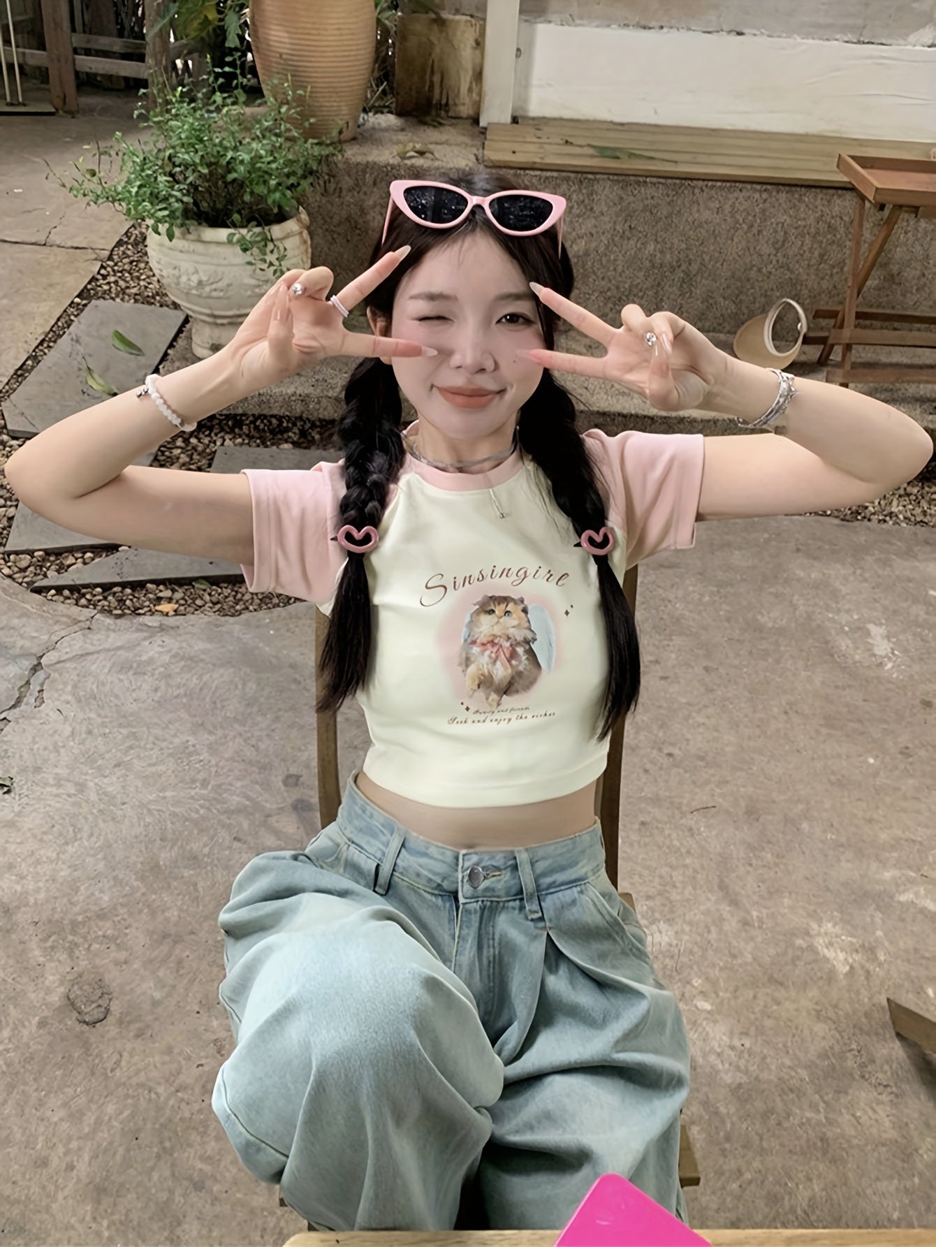 Sixsr Cat Print Crew Neck Crop T-Shirt, Y2K Short Sleeve T-Shirt For Spring & Summer, Women's Clothing