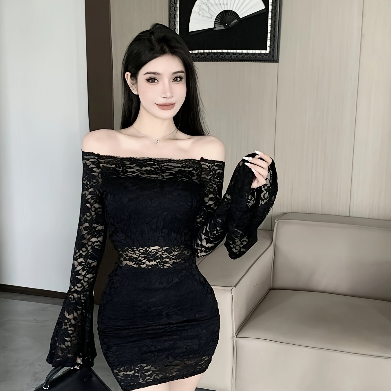 Lace Cut Out Off Shoulder Dress, Sexy Bell Sleeve Bodycon Dress For Spring & Fall, Women's Clothing