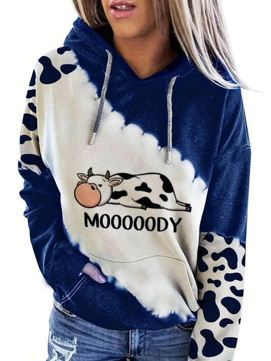 Sixsr Cow & Letter Print Hoodies, Casual Drawstring Kangaroo Pocket Sweatshirt, Women's Clothing