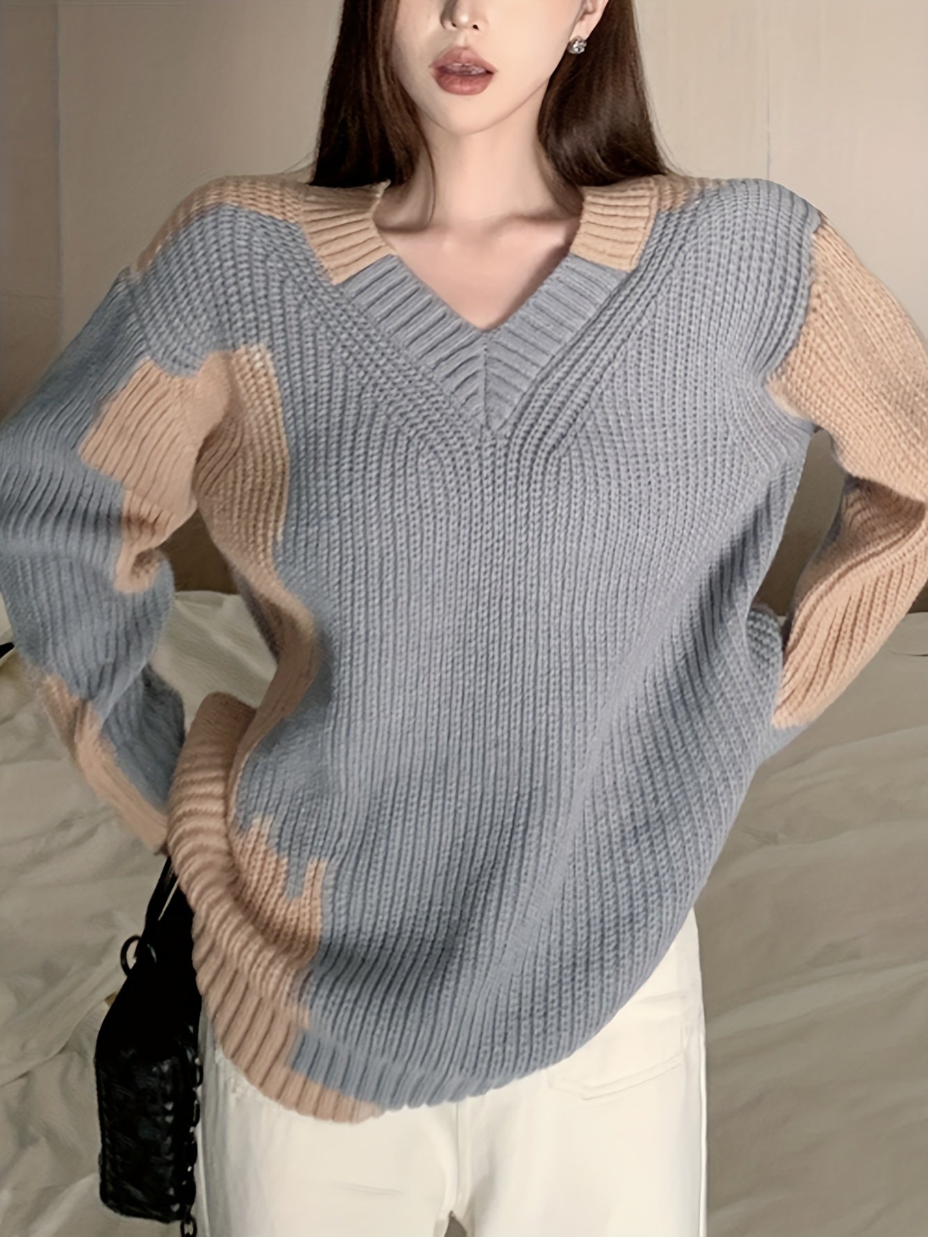 Sixsr Color Block Knitted Pullover Sweater, Casual Long Sleeve Sweater For Fall & Winter, Women's Clothing