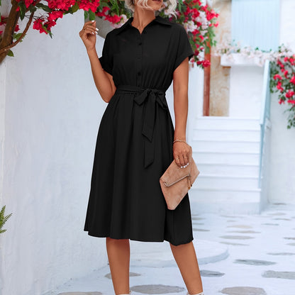 Solid Belted Shirt Dress, Short Sleeve Casual Dress For Summer & Spring, Women's Clothing