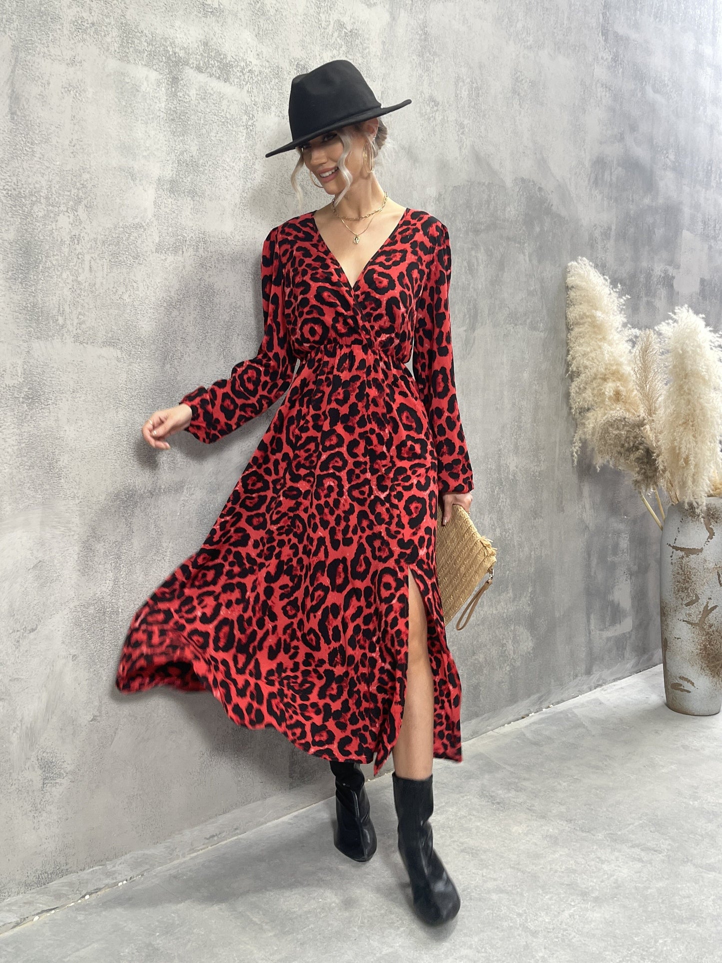 Sixsr Leopard Print Surplice Neck Dress, Elegant Long Sleeve Split Dress For Spring & Fall, Women's Clothing