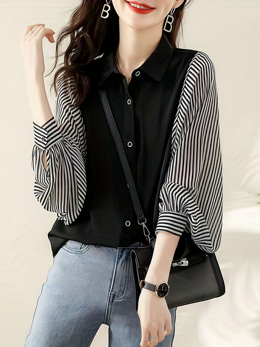 Sixsr Striped Print Splicing Shirt, Casual Button Front Long Sleeve Shirt, Women's Clothing