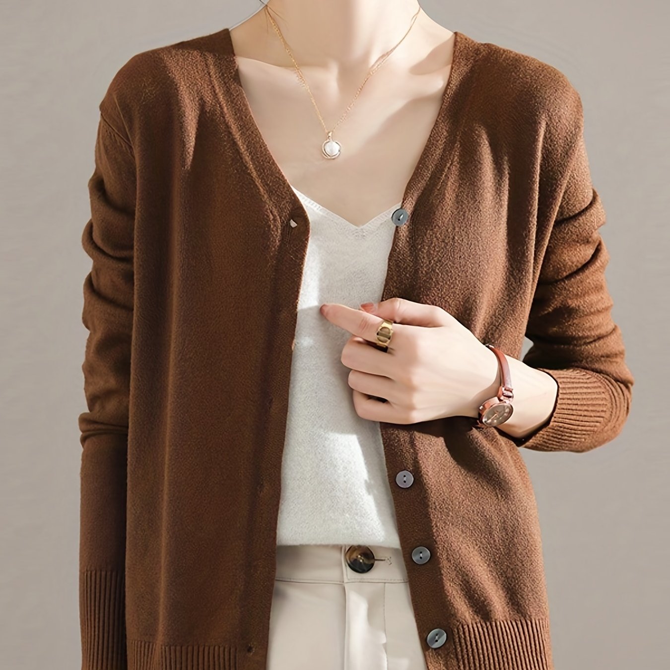 Sixsr Elegant V-neck Solid Cardigan, Long Sleeve Cardigan For Spring & Fall, Women's Clothing