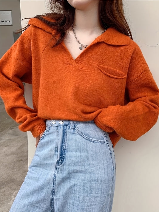 Sixsr Solid Notched Collar Pocket Sweater, Casual Long Sleeve Drop Shoulder Sweater, Women's Clothing