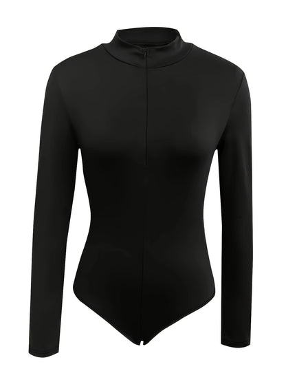 Solid Zip Up Mock Neck Bodysuit, Elegant Long Sleeve Slim Bodysuit, Women's Clothing