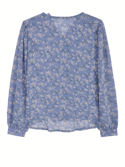 Sixsr Allover Print Ruffle Trim Blouse, Elegant Long Sleeve Blouse For Spring & Fall, Women's Clothing