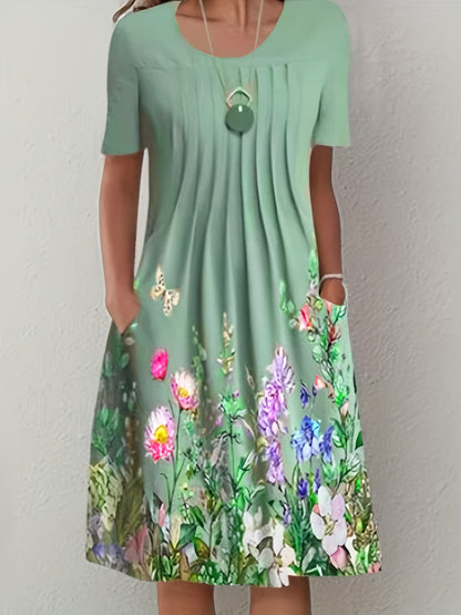 Sixsr Floral Print Pleated Front Dress, Casual Short Sleeve Dual Pockets Dress, Women's Clothing