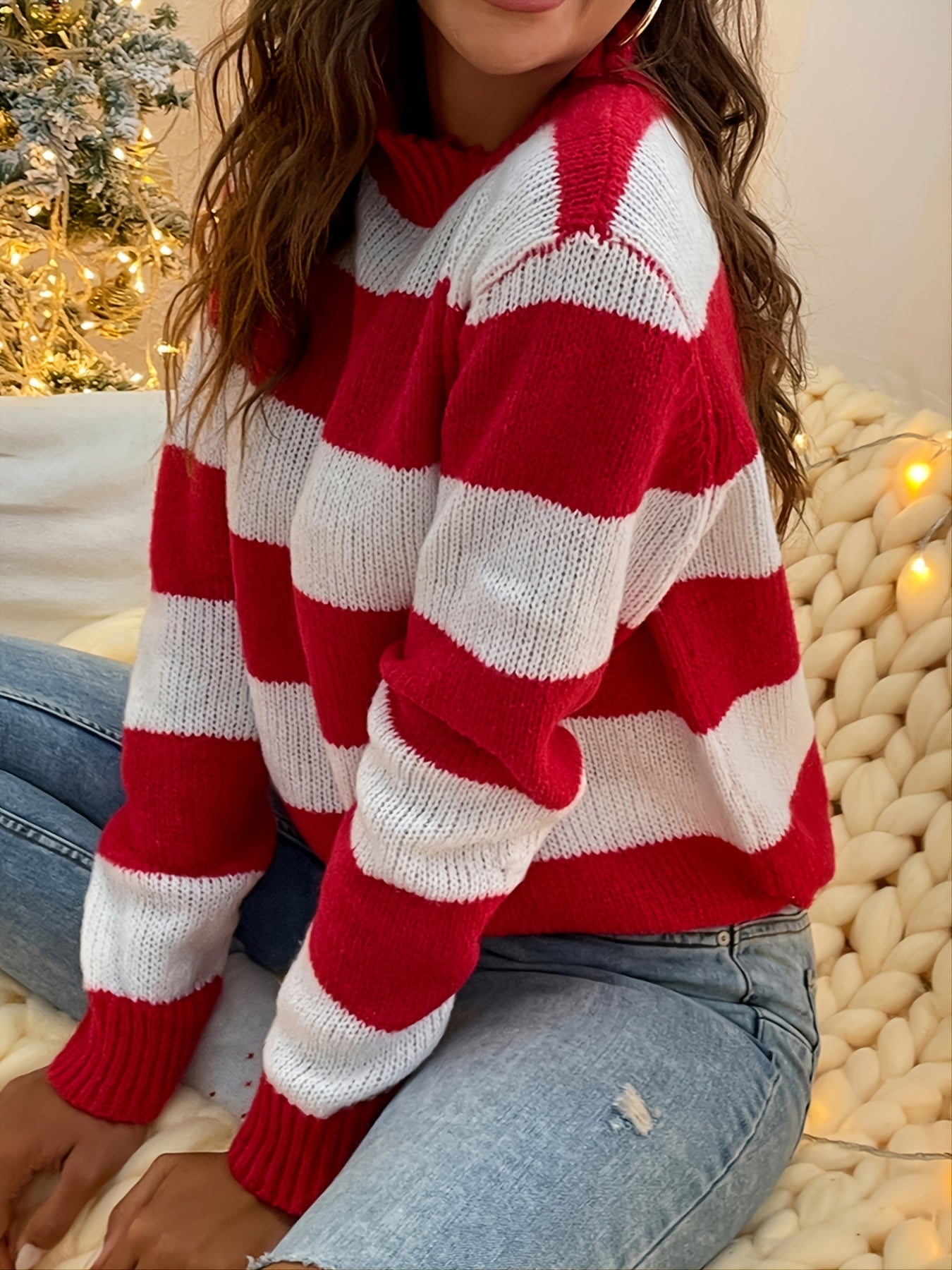 Sixsr Striped Crew Neck Sweater, Casual Color Block Long Sleeve Loose Fall Winter Knit Sweater, Women's Clothing