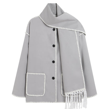Sixsr Contrast Trim Patched Pockets Overcoat, Elegant Long Sleeve Fringe Scarf Outwear For Fall & Winter, Women's Clothing