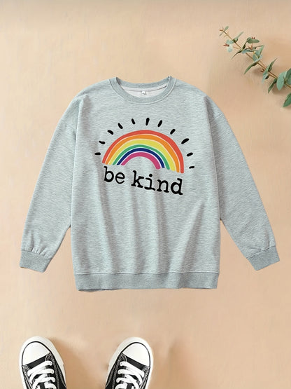 Sixsr Plus Size Casual Sweatshirt, Women's Plus Rainbow & Slogan Print Long Sleeve Round Neck Slight Stretch Sweatshirt