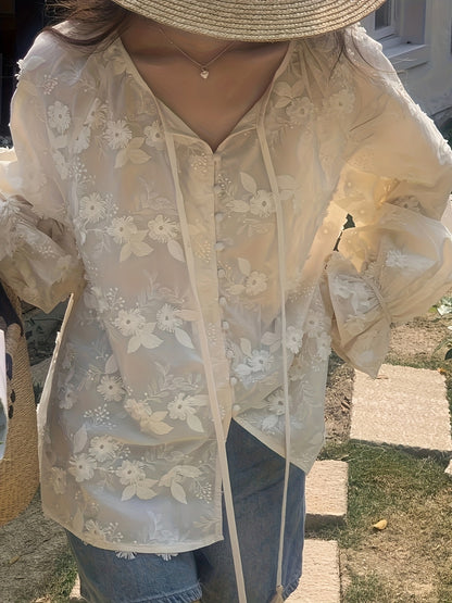 Sixsr Floral Embroidered Blouse, Elegant Drawstring Long Sleeve Blouse, Women's Clothing
