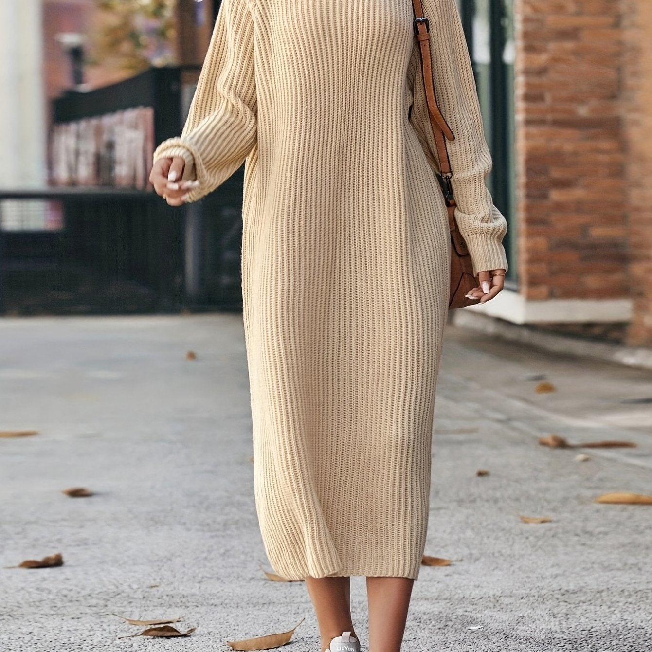 Sixsr Turtleneck Ribbed Sweater Dress, Casual Solid Long Sleeve Midi Dress, Women's Clothing