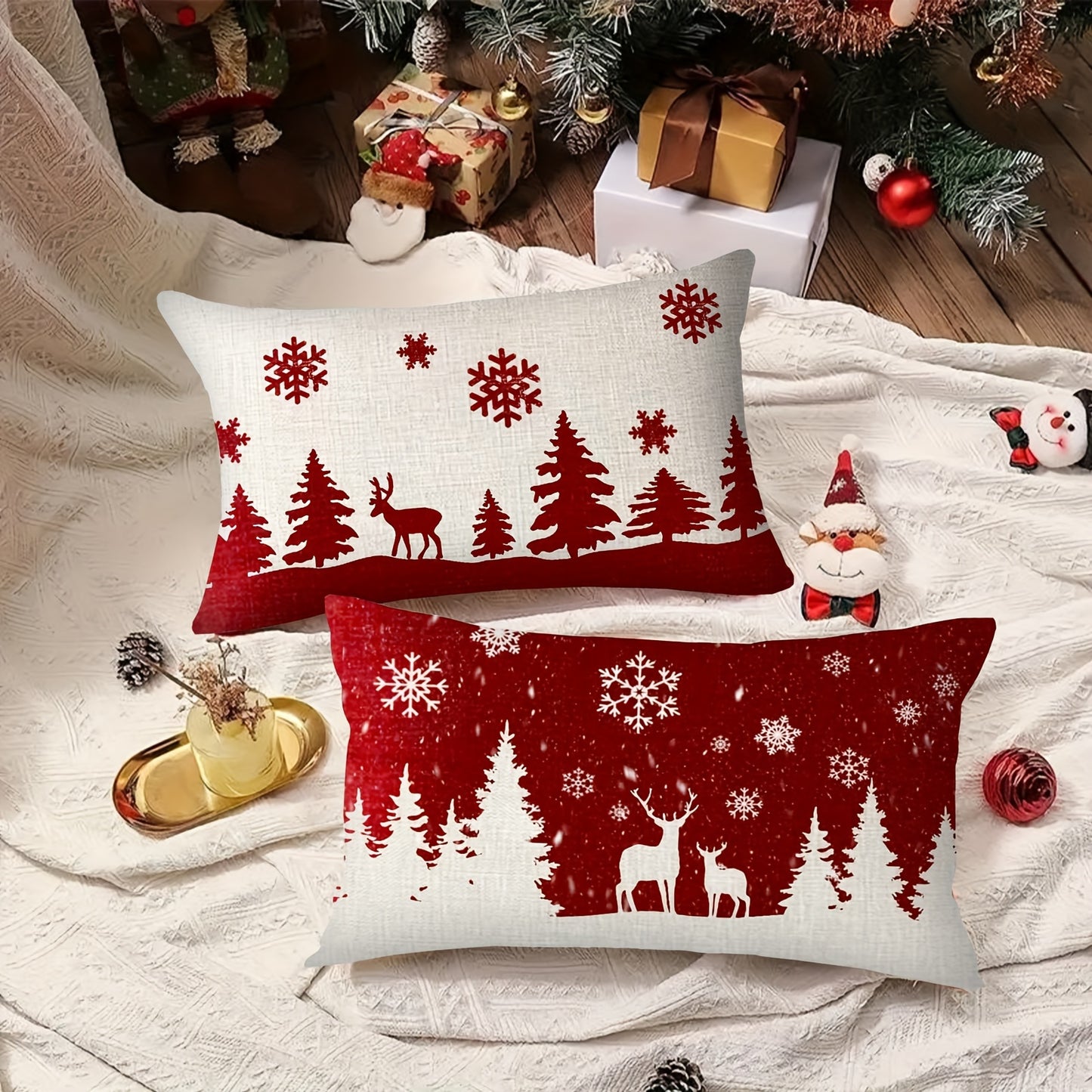 2PCS Festive Christmas Throw Pillow Covers - Red Snowflakes, Moose & Reindeer Design, Winter Christmas Farmhouse Home Decor, 18X18 inches, No Inserts Included