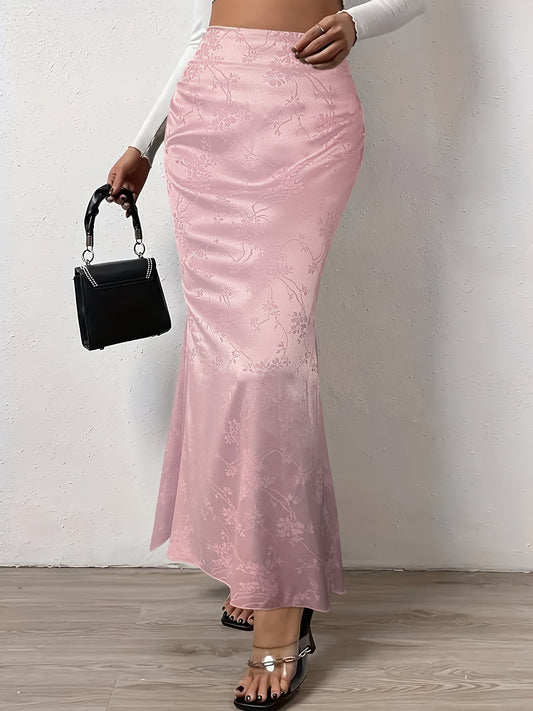 Sixsr Floral Print High Waist Bodycon Skirt, Elegant Ruffle Hem Maxi Skirt For Spring & Fall, Women's Clothing