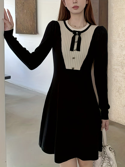 Sixsr Color Block Button Decor Dress, Elegant Long Sleeve A-line Knit Tied Dress, Women's Clothing