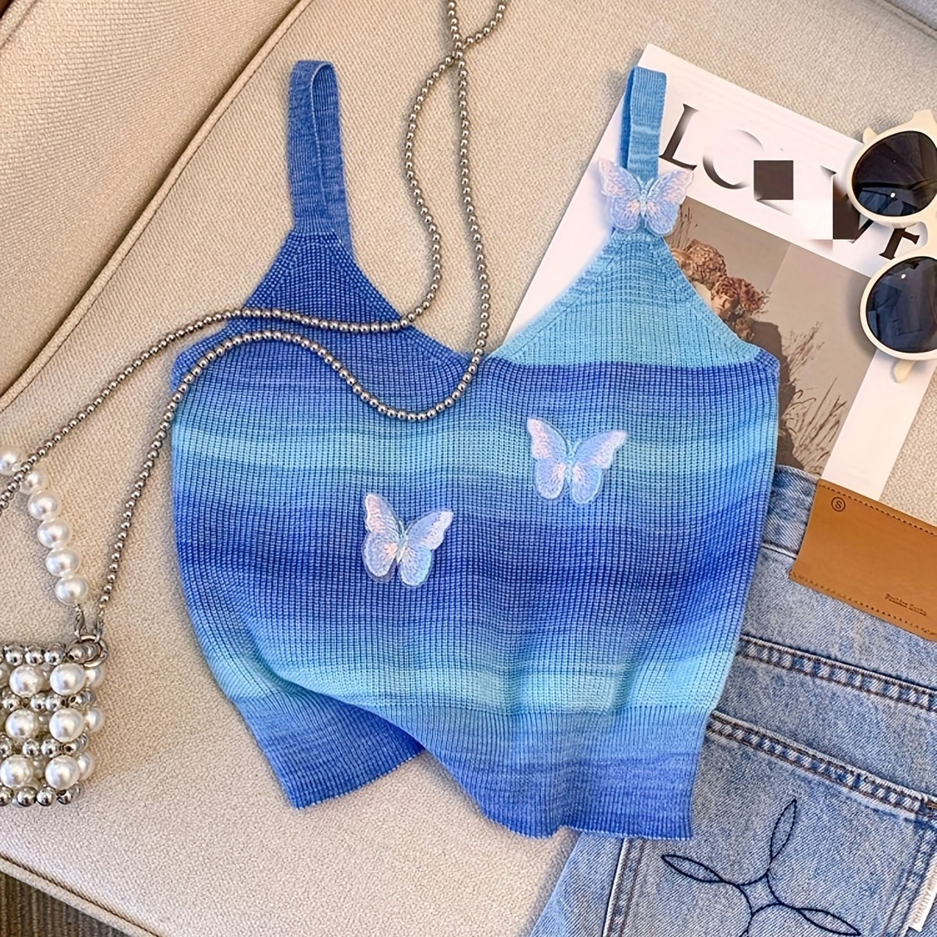 Sixsr Butterfly Pattern Gradient Knitted Cami Top, Casual V Neck Summer Sleeveless Top, Women's Clothing