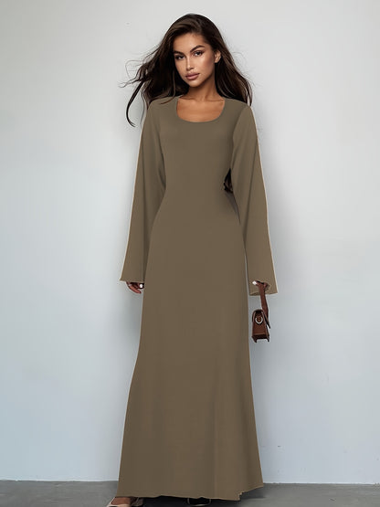 Sixsr Solid Tie Back U Neck Dress, Elegant Long Sleeve Maxi Dress, Women's Clothing