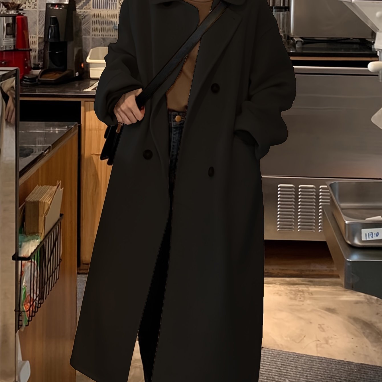 Sixsr Solid Double Breasted Pockets Overcoat, Versatile Long Sleeve Winter Warm Outwear For Fall & Winter, Women's Clothing