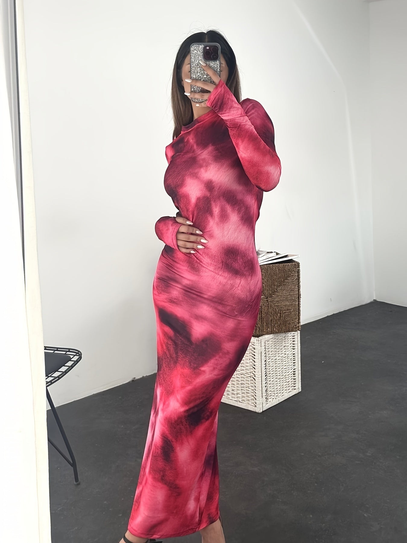 Sixsr Tie Dye Long Sleeve Bodycon Dress, Y2K Crew Neck Maxi Dress, Women's Clothing