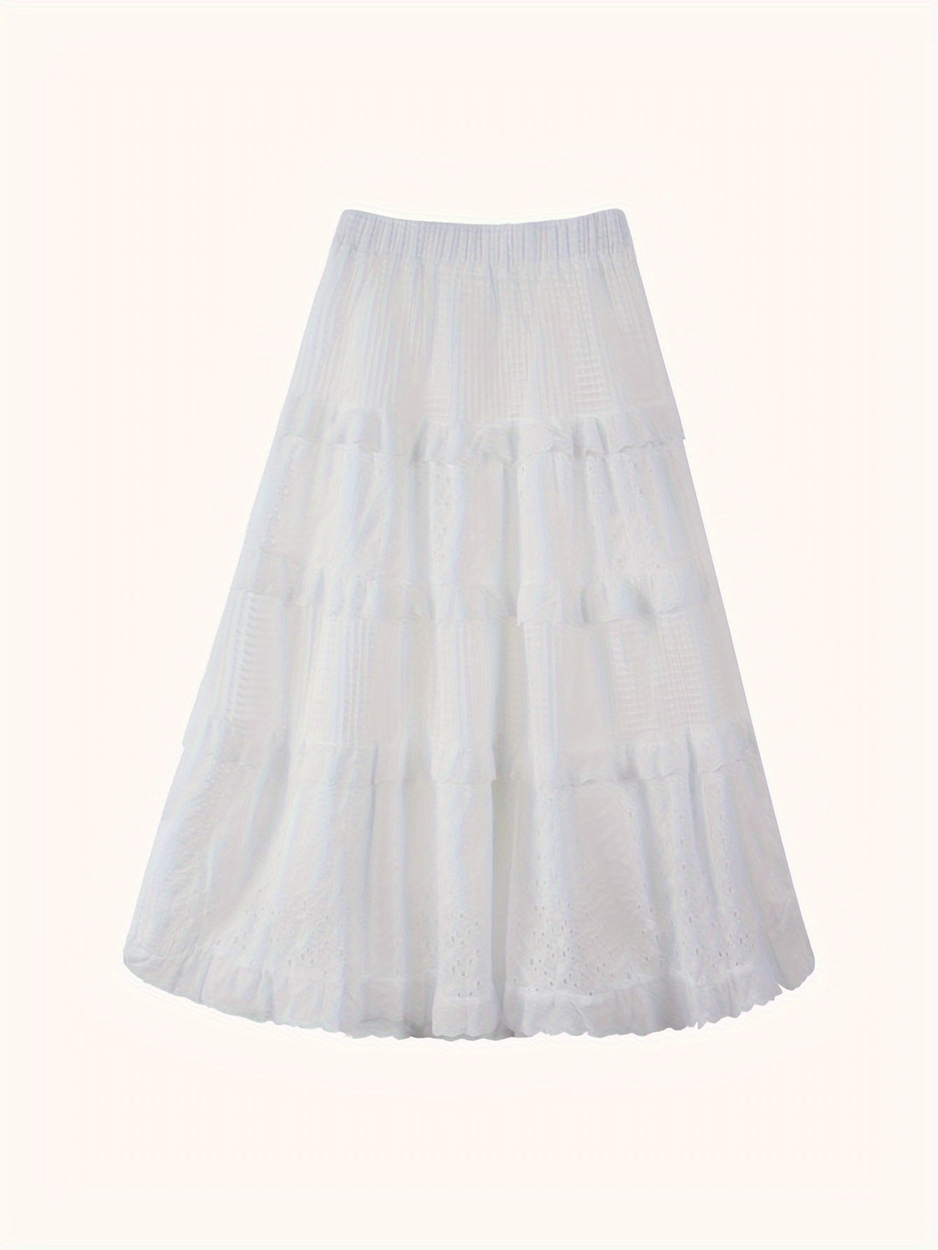Sixsr Eyelet Embroidered Layer Ruffle Maxi Skirt, Boho Elastic Waist A Line Skirt, Women's Clothing