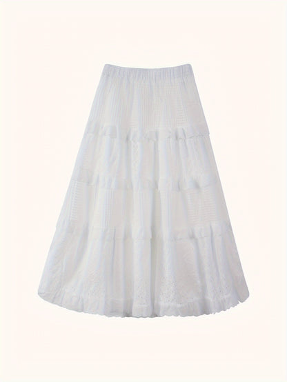 Sixsr Eyelet Embroidered Layer Ruffle Maxi Skirt, Boho Elastic Waist A Line Skirt, Women's Clothing