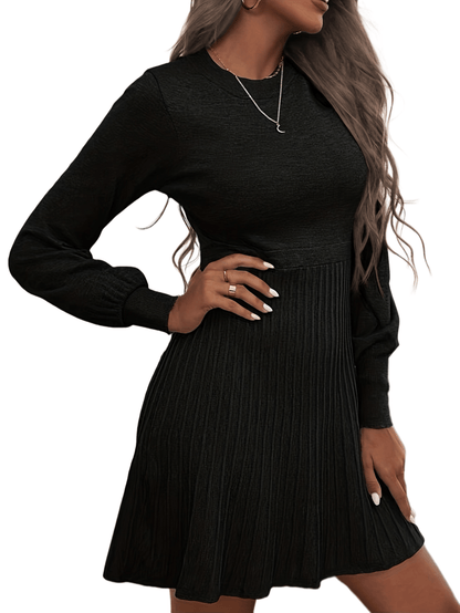 Sixsr Solid Pleated Dress, Elegant Crew Neck Long Sleeve Dress For Spring & Fall, Women's Clothing