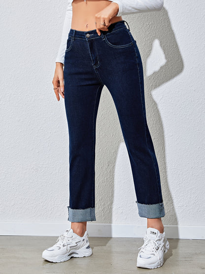 Sixsr Raw Hem Rolled Legs Mid Rise Slim Fit Straight Legs High Stretchy Washed Blue Color Vintage Straight Jeans, Women's Denim Jeans