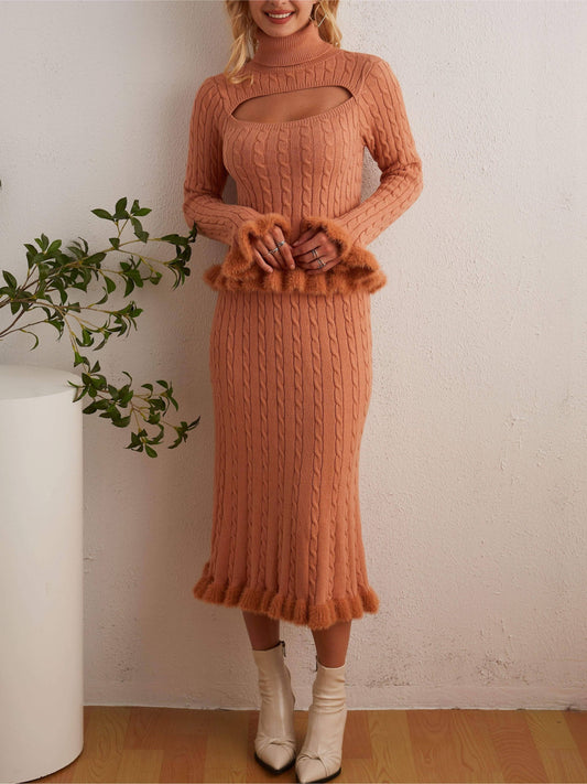 Sixsr Elegant Solid Slim Two-piece Skirt Set, Cut Out Faux Fur Decor Turtleneck Sweater & Slim Bodycon Skirt Outfits, Women's Clothing