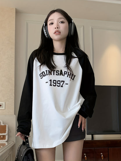 Sixsr Letter Print Color Block T-shirt, Casual Raglan Sleeve Crew Neck Top, Women's Clothing