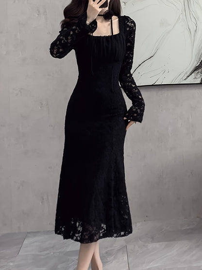 Sixsr Square Neck Lace Trumpet Dress, Chic Long Sleeve Ruched Mid Calf Dress, Women's Clothing