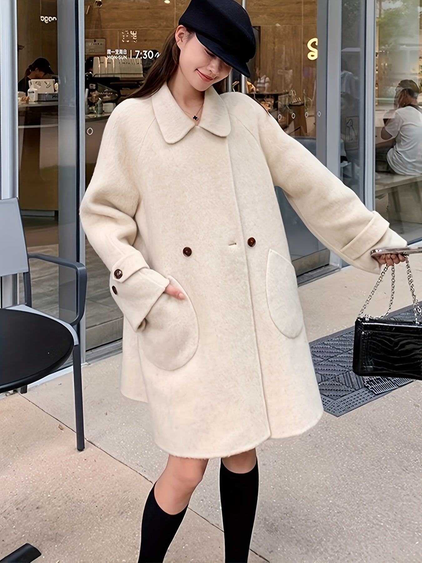 Sixsr Solid Double Breasted Pockets Overcoat, Elegant Long Sleeve Outwear For Fall & Winter, Women's Clothing