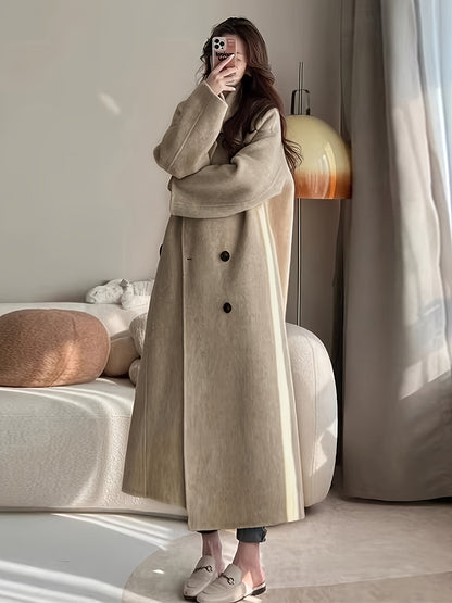 Sixsr Solid Double Breasted Belted Overcoat, Elegant Lapel Long Sleeve Pockets Outwear For Fall & Winter, Women's Clothing