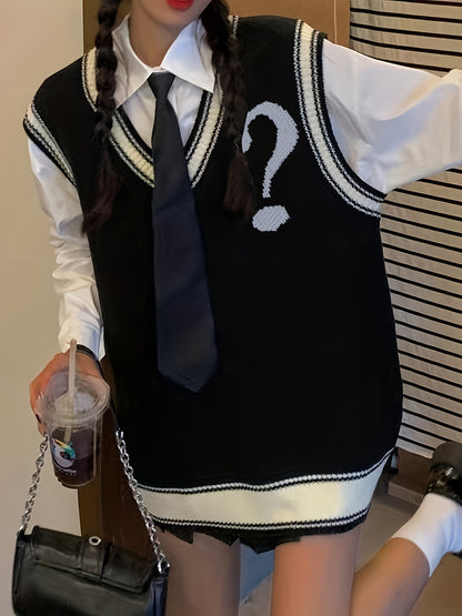 Sixsr Letter Print V Neck Sweater Vest, Preppy Sleeveless Vest For Fall & Winter, Women's Clothing