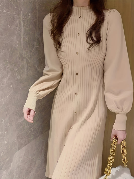 Sixsr Ribbed Mock Neck Dress, Casual Button Front Long Lantern Sleeve Dress, Women's Clothing