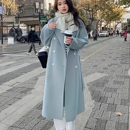 Sixsr Solid Double Breasted Lapel Overcoat, Elegant Long Sleeve Belted Winter Outwear, Women's Clothing