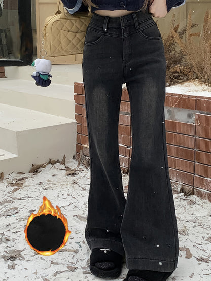 Sixsr Plush Lined Washed Flare Jeans, Keep Warm Stretchy Bell Bottom Jeans, Women's Denim Jeans & Clothing
