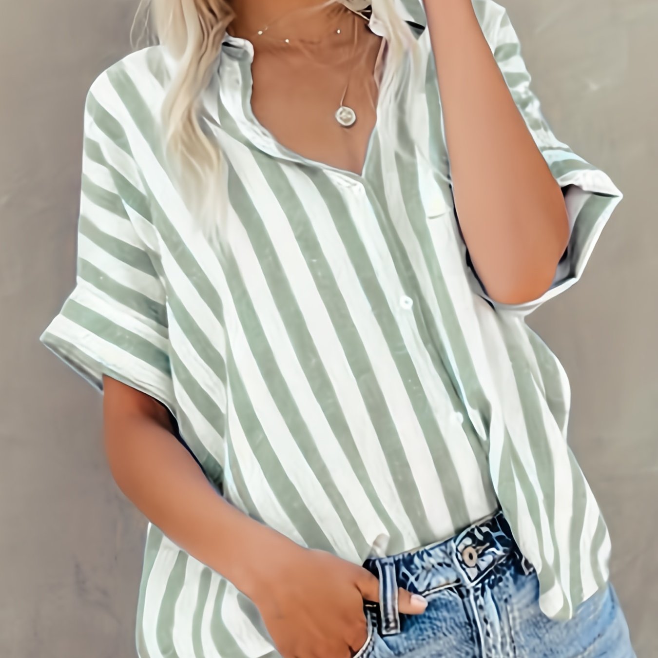 Sixsr Button Up Striped Shirt, Loose Casual Top For Spring & Summer, Women's Clothing