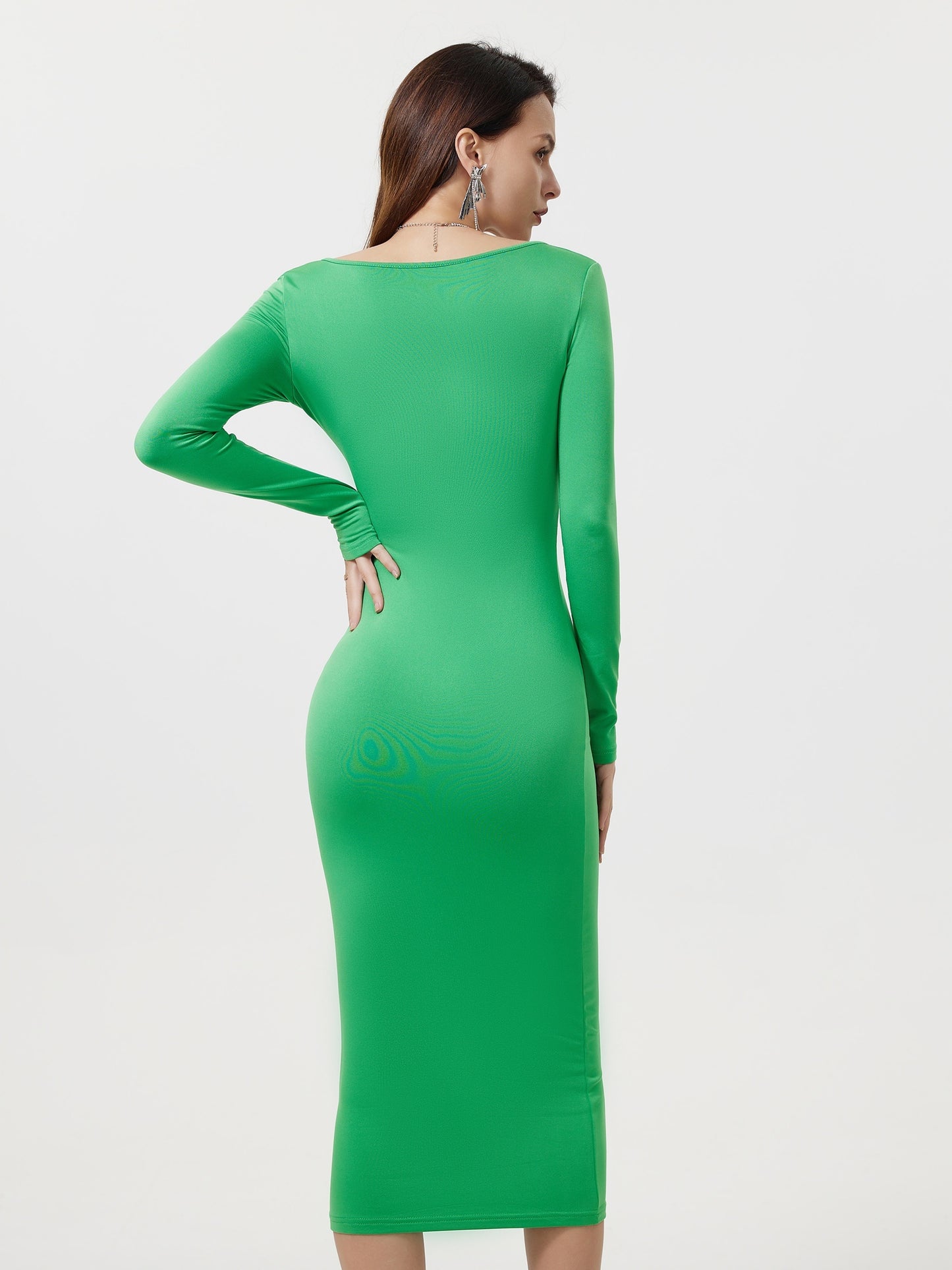Sixsr Squared Neck Bodycon Dress, Casual Solid Long Sleeve Midi Dress, Women's Clothing