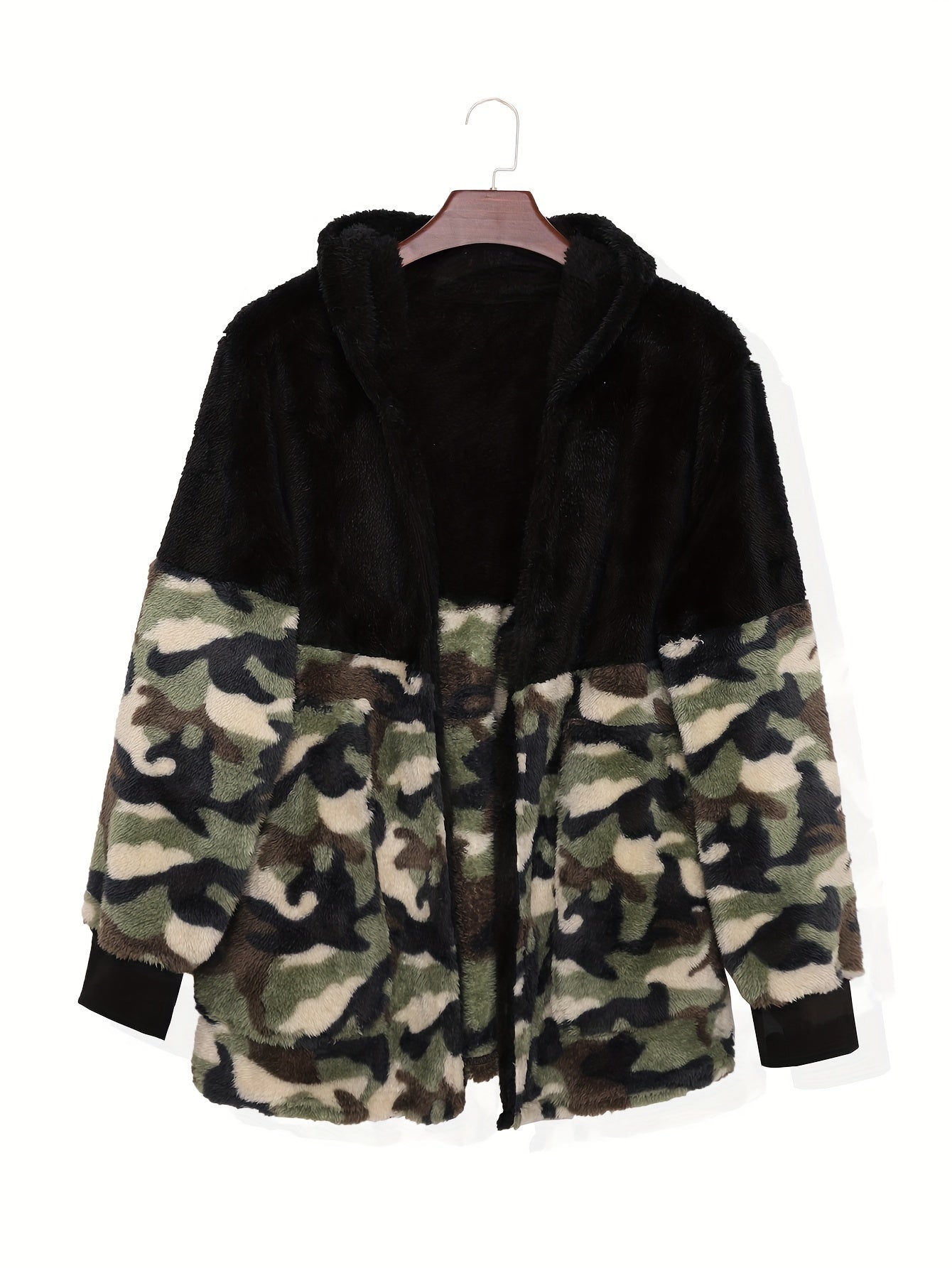 Sixsr Plus Size Casual Coat, Women's Plus Colorblock Camo Print Fleece Zip Up Long Sleeve Hooded Teddy Coat With Pockets