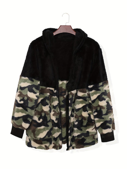 Sixsr Plus Size Casual Coat, Women's Plus Colorblock Camo Print Fleece Zip Up Long Sleeve Hooded Teddy Coat With Pockets