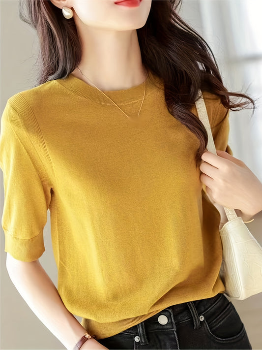 Sixsr Half Sleeve Knit Swearter, Casual Crew Neck Solid Sweater For Spring & Summer, Women's Clothing