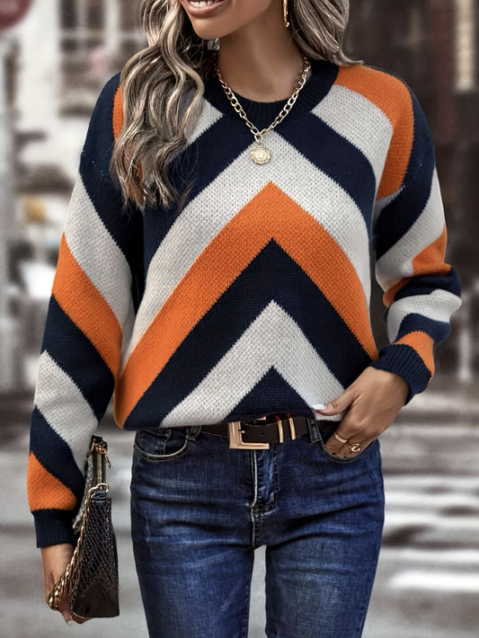 Women's Colorblock Stripe Knitted Pullover Sweater for Fall & Winter - Casual Crew Neck Long Sleeve Top with Comfortable Fit