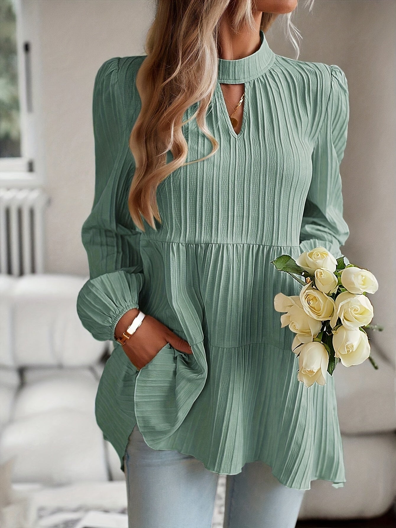 Sixsr Textured Keyhole Blouse, Elegant Mock Neck Long Sleeve Blouse, Women's Clothing