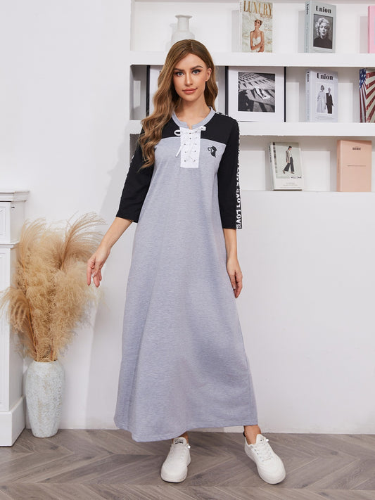 Sixsr Women's Dresses Color Block Crew Neck Drawstring Dresses