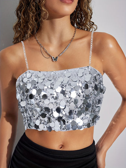 Sixsr  Sequined Chain Strap Cami Top, Elegant Sleeveless Zip Back Top For Summer & Spring, Women's Clothing