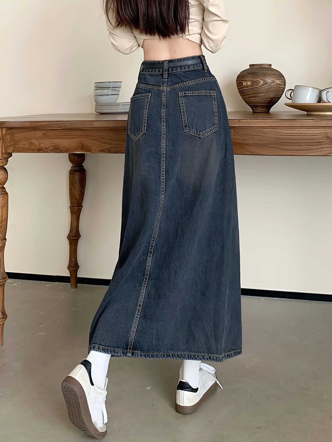 Sixsr High Waist Split Denim Maxi Skirt, Slant Pockets A-Line Washed Denim Skirt, Women's Denim Clothing