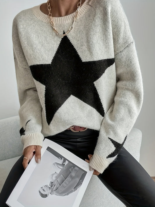 Sixsr Star Pattern Long Sleeve Sweater, Crew Neck Casual Sweater, Women's Clothing