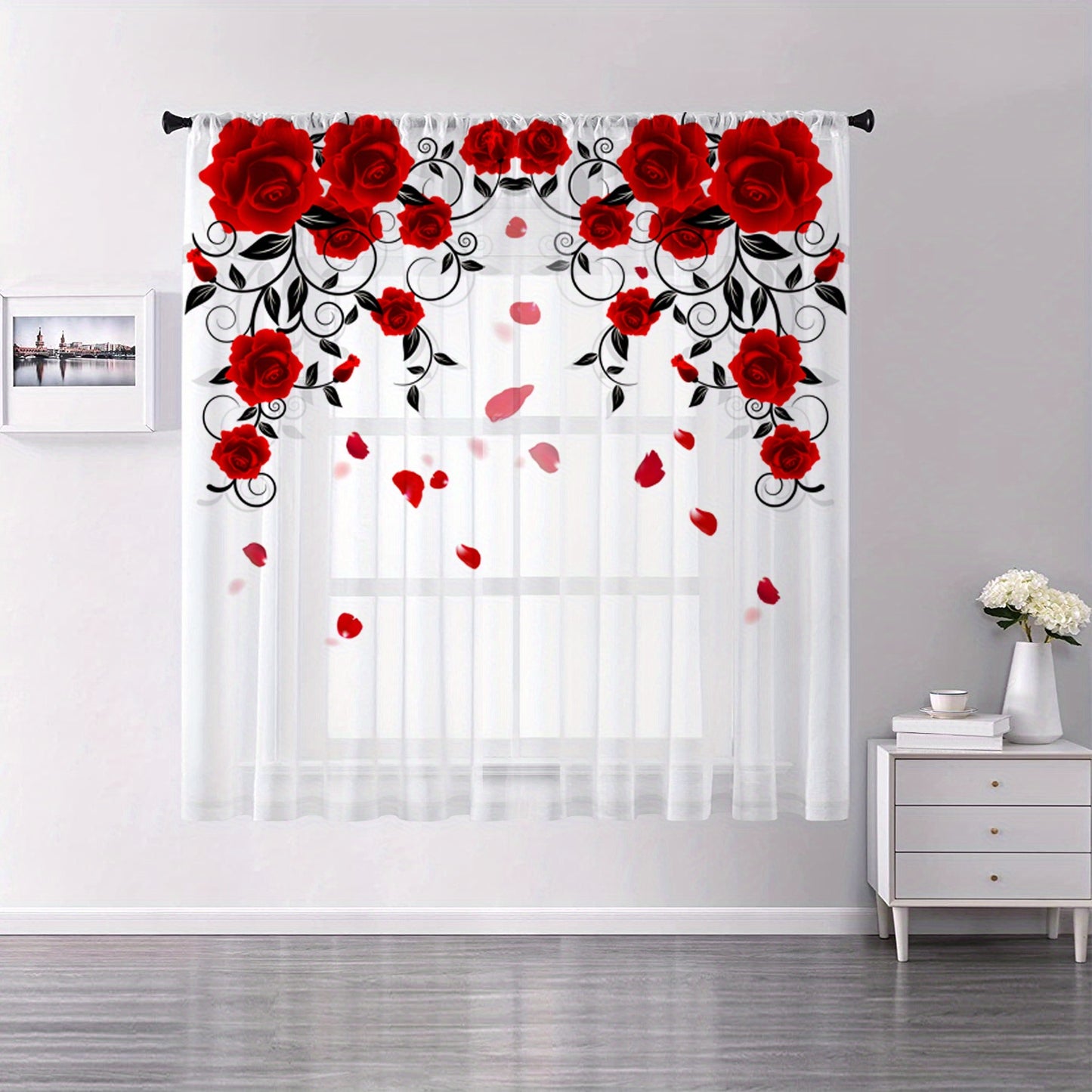 1pc Red Rose Printing Curtain, Rod Pocket Window Treatment For Bedroom Office Kitchen Living Room Study Home Decor, Room Decoration Aesthetic Curtain